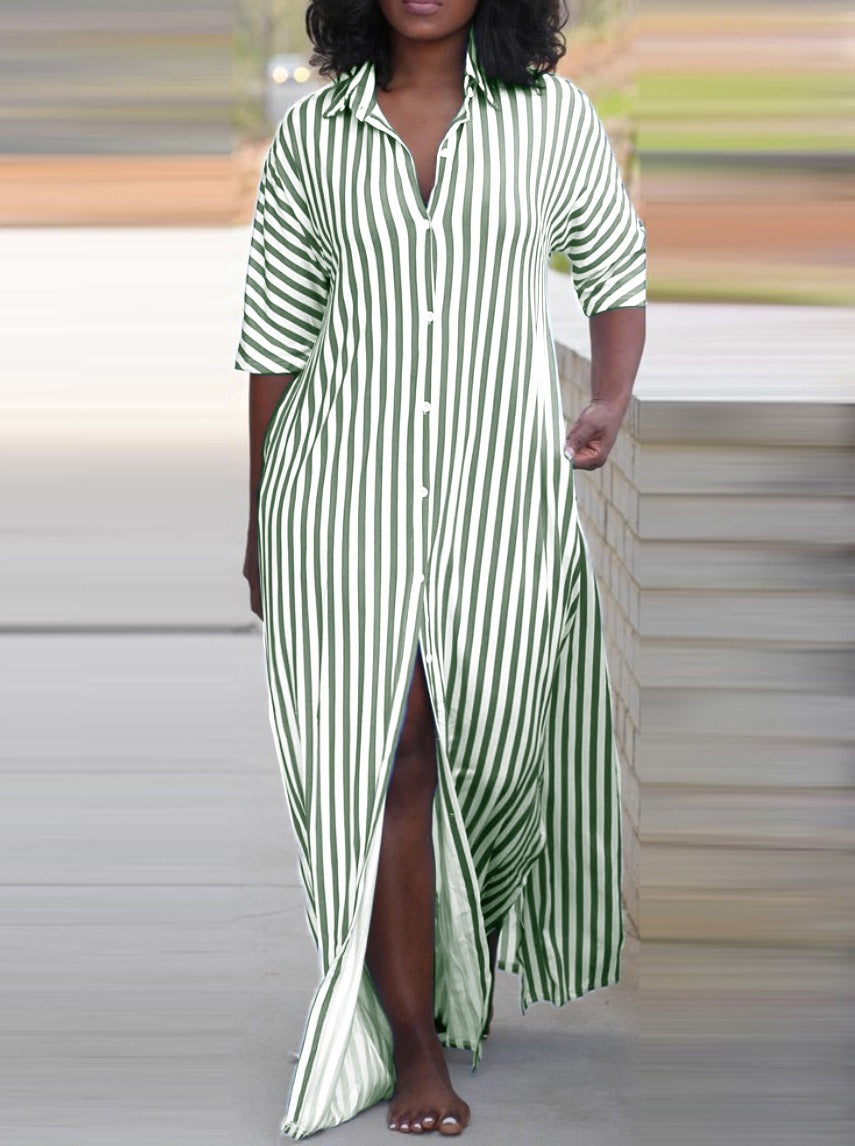 Mighty Lifestyle Loose V-Neck Long Striped Shirt Dress for Women