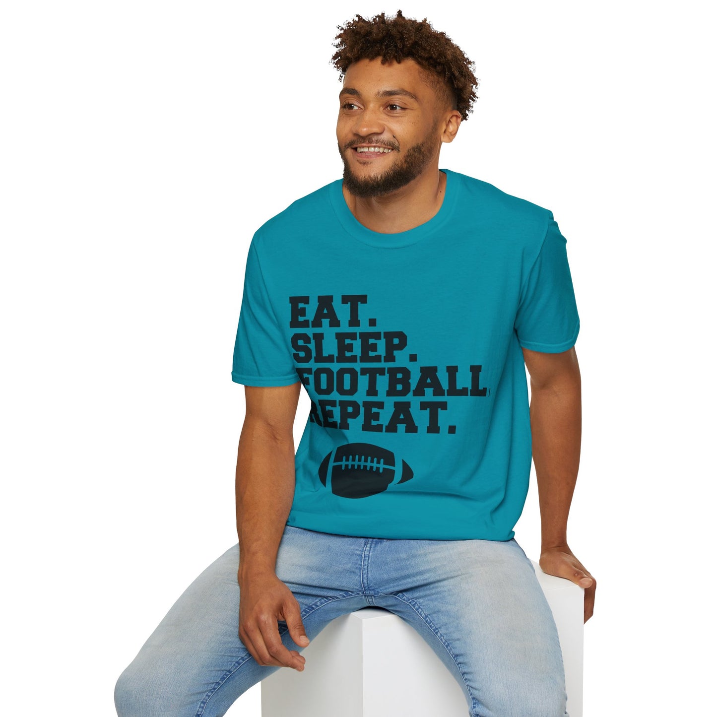 Eat Sleep Football Repeat Football Shirt | Tackle and Flag Football Shirt | Sports Shirt | Football Player Shirt | Mighty Lifestyle |  Softstyle T-Shirt