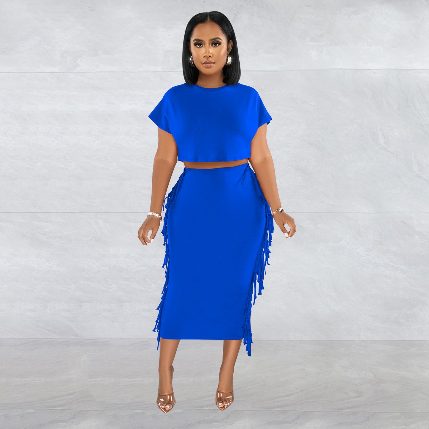 Wilhima Women’s Skirt Set FashionableStyle Solid Color Fringe Round Neck Short Sleeve Long Dress Two-Piece Set
