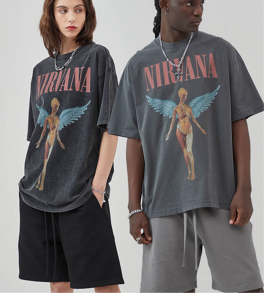 Nirvana Angel | Mens and Womens Wear New Washing Water, Old Rock Band Printing, Vintage Short Sleeve, European High Street Fashion Brand Tee