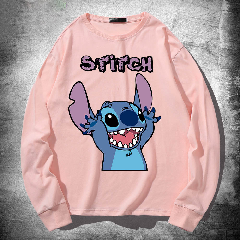Stitch Long Sleeved T Shirt For Men and Women, Thin Pure Cotton, Loose Fitting, Like Couples Outfit, Round Neck Base Shirt, Clothes On Top