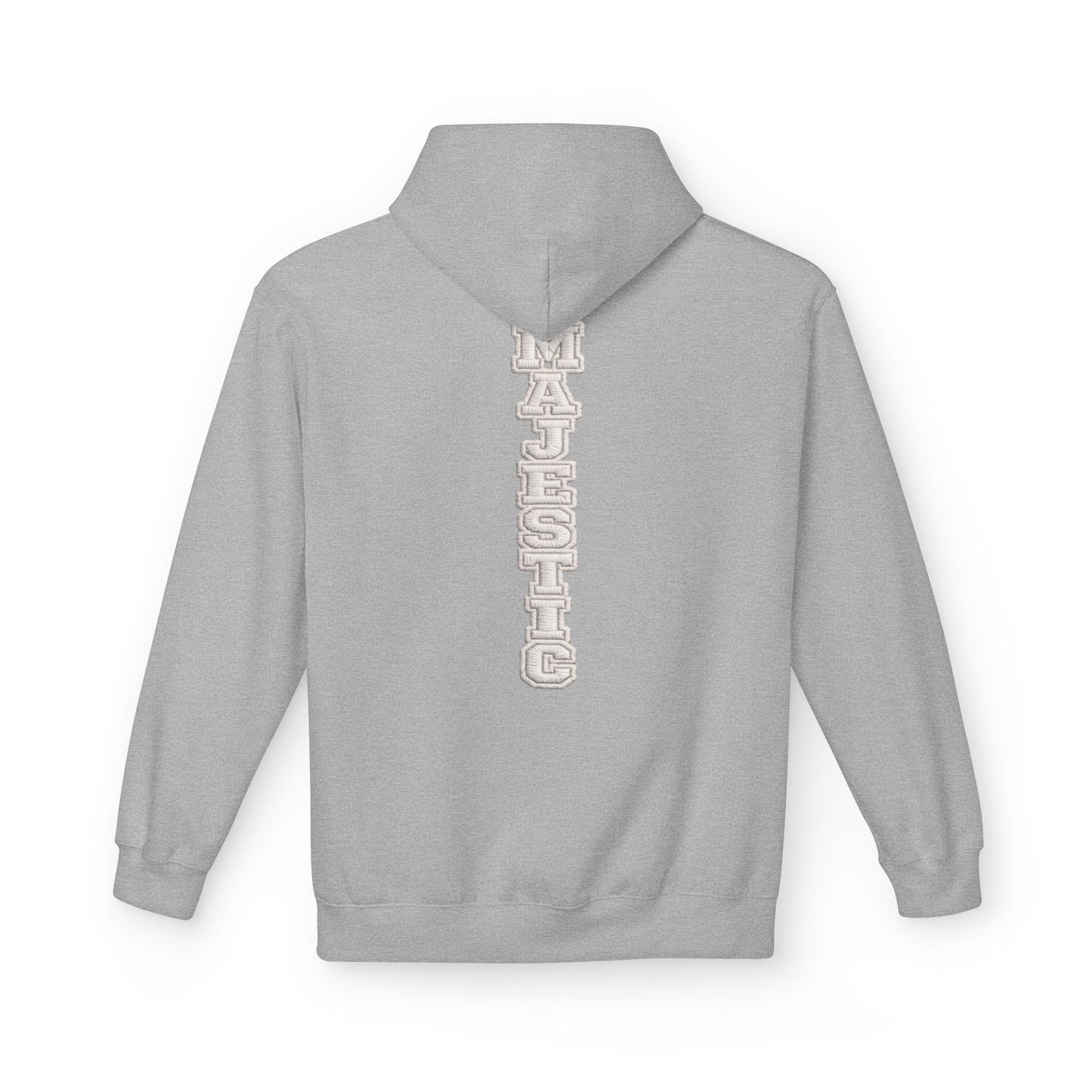 Majestic Vertical Text Hoodie — Minimal White Graphic Pullover Christian Hoodie Godly Hoodie Sports Hoodie Mighty Lifestyle Hoodie