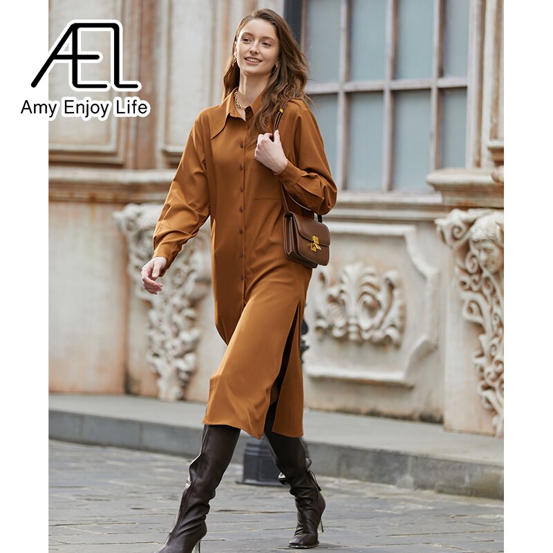 The Abbigayle Dress | AEL Elegant Women Autumn Lapel Neck Long Shirt Dress Asymmetry Robe Femme Streetwear Beautiful Stoic Dress