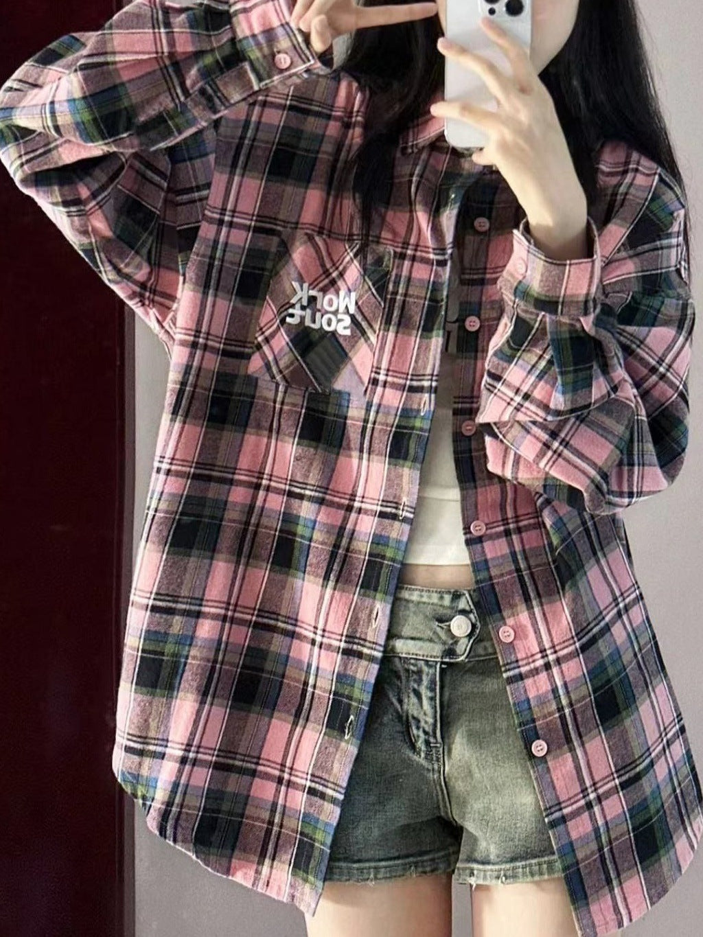 Embroidered Plaid Shirt Jacket Women's Loose Slim Fit Casual Long Sleeve Blouse