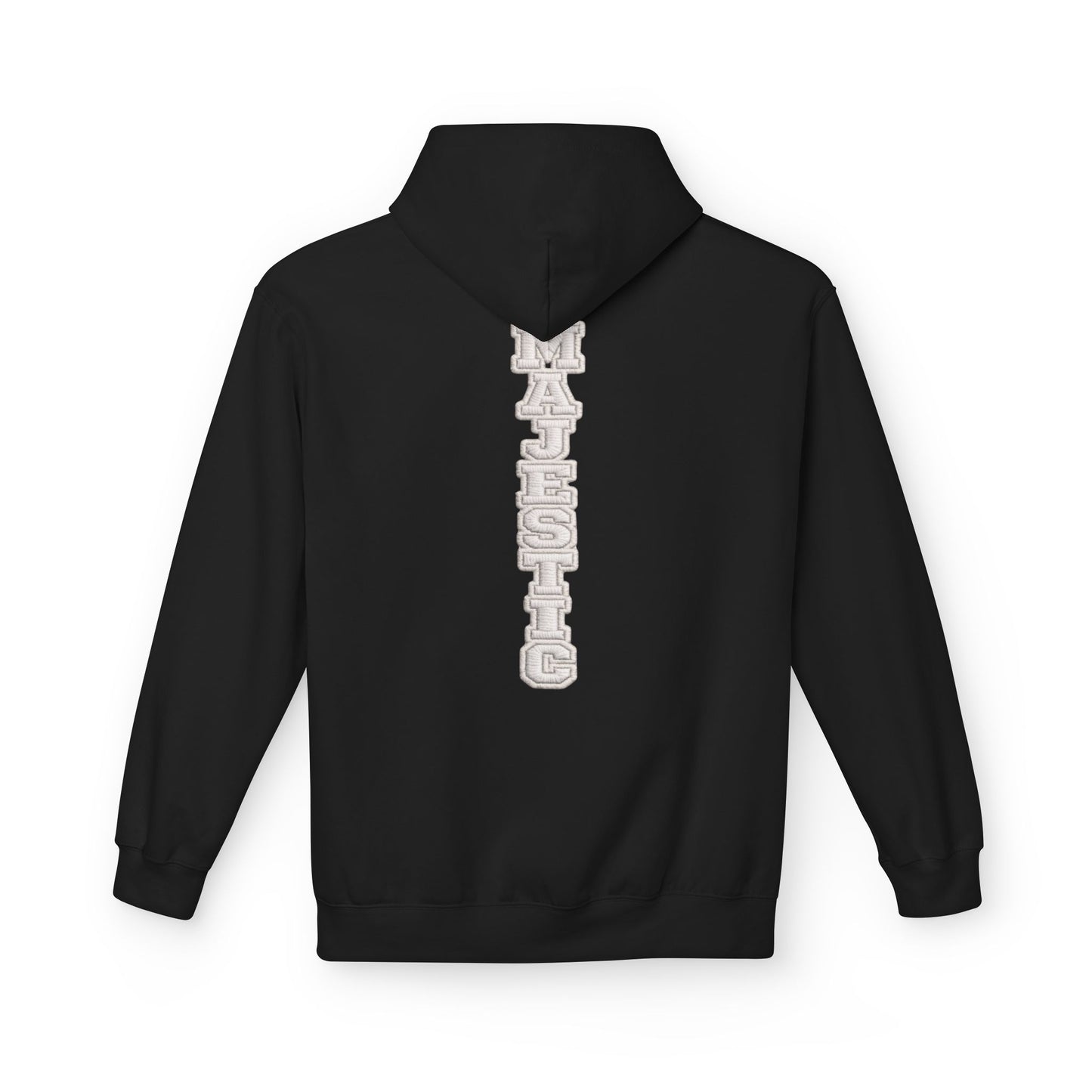 Majestic Vertical Text Hoodie — Minimal White Graphic Pullover Christian Hoodie Godly Hoodie Sports Hoodie Mighty Lifestyle Hoodie