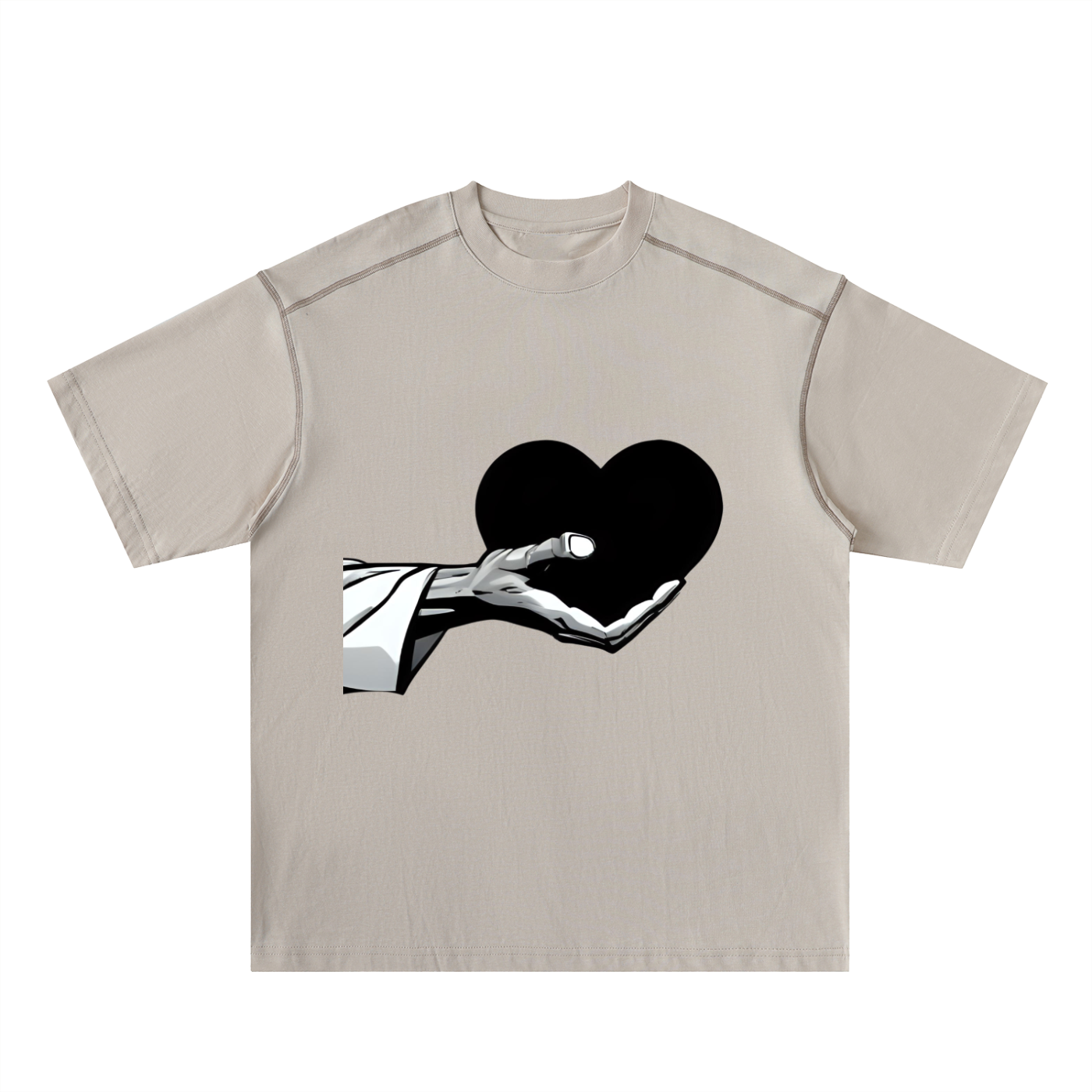 Black Heart in Hand Oversized Contrast-Stitched Cotton Tee | Black Heart in Hand Graphic Tee – Oversized Contrast Stitch Angelic Warrior Shirt for Men & Women | Streetwear Cotton T-Shirt