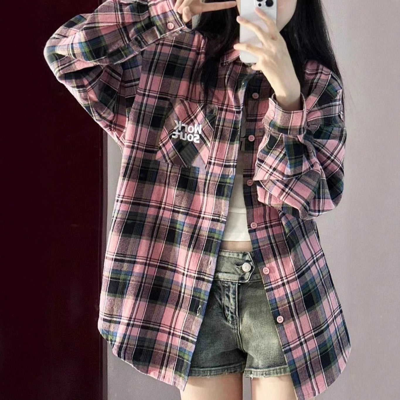 Embroidered Plaid Shirt Jacket Women's Loose Slim Fit Casual Long Sleeve Blouse
