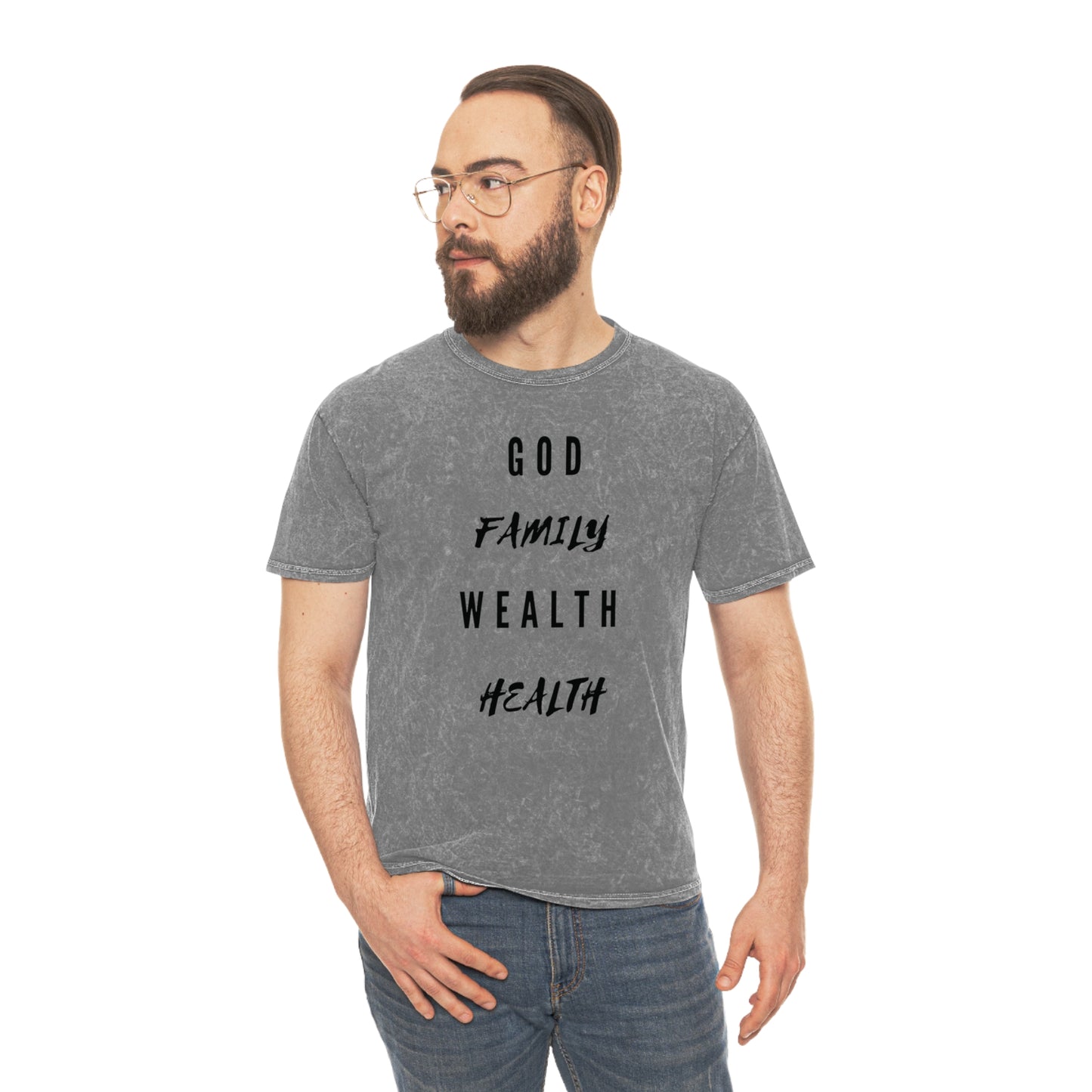 Mighty Lifestyle God Family Wealth Health | Fear God Not Man | Unisex Mineral Wash T-Shirt