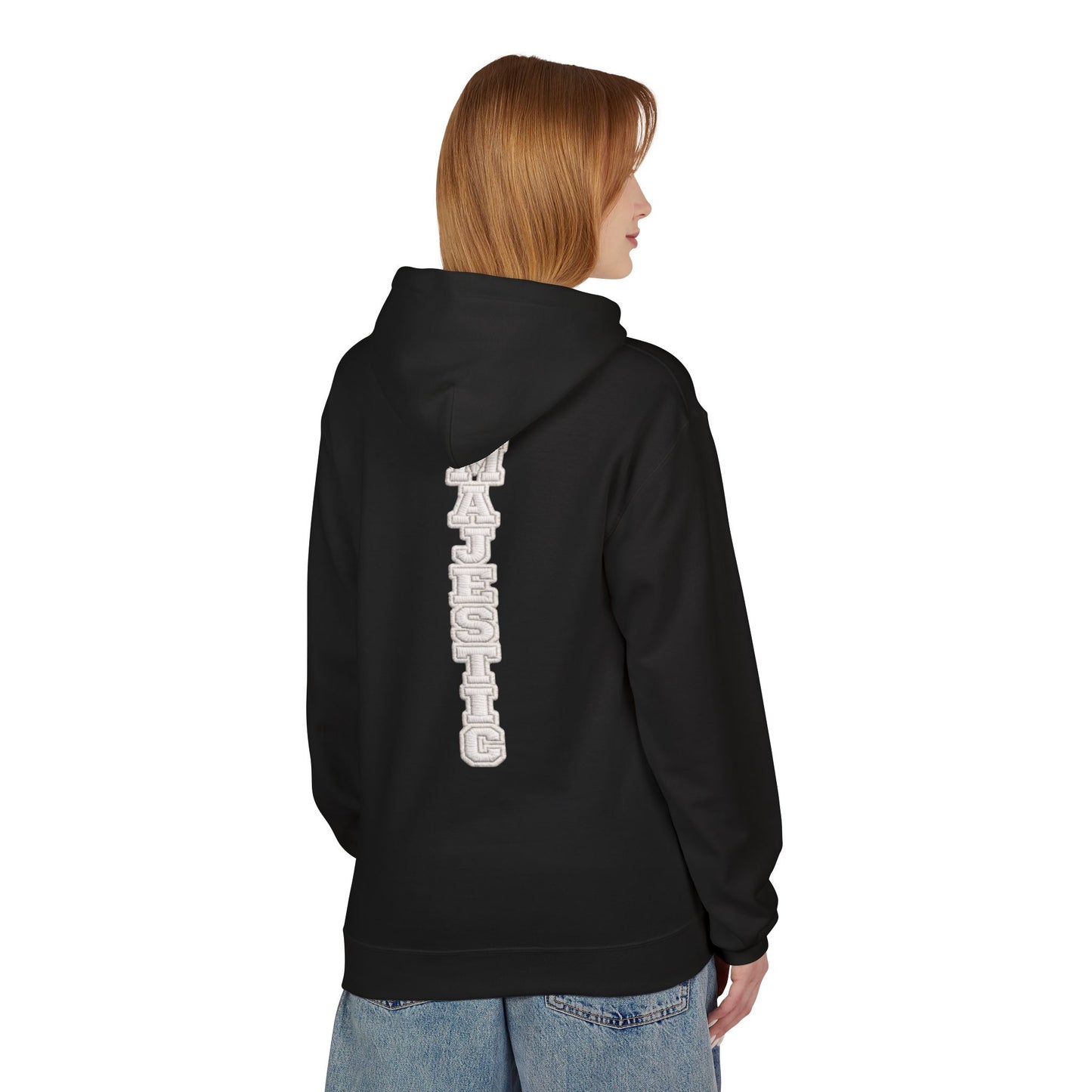 Majestic Vertical Text Hoodie — Minimal White Graphic Pullover Christian Hoodie Godly Hoodie Sports Hoodie Mighty Lifestyle Hoodie
