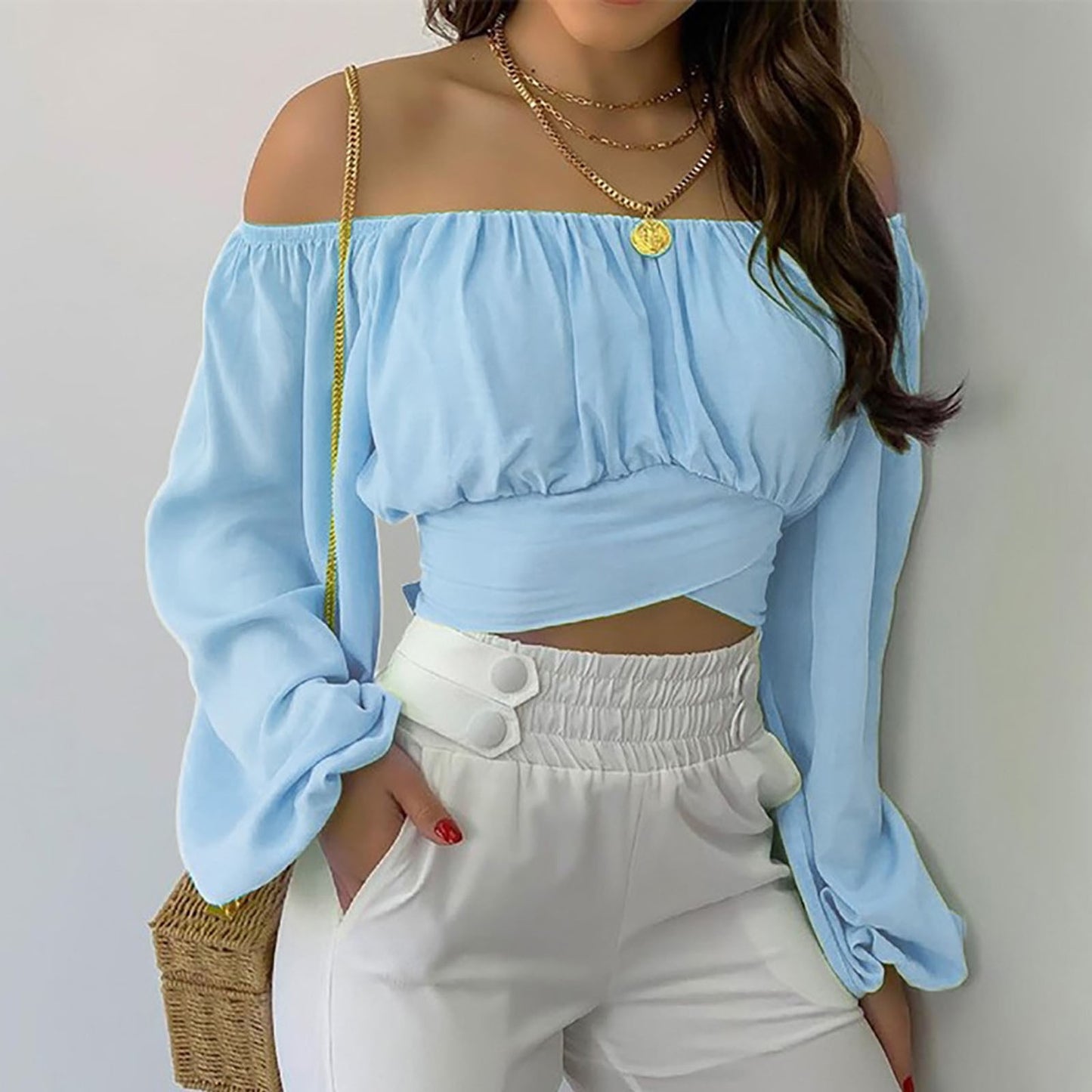 Hillary Heaux Top — Sexy Off-Shoulder Cross Tie Long Sleeve Top for Women | Hot Selling Vacation and Cruise Pullover Blouse | Lantern Sleeve Slim Fit | Europe, America & Caribbean Style