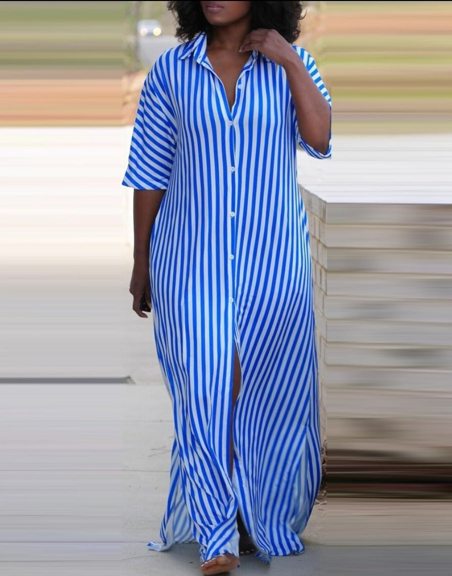 Mighty Lifestyle Loose V-Neck Long Striped Shirt Dress for Women