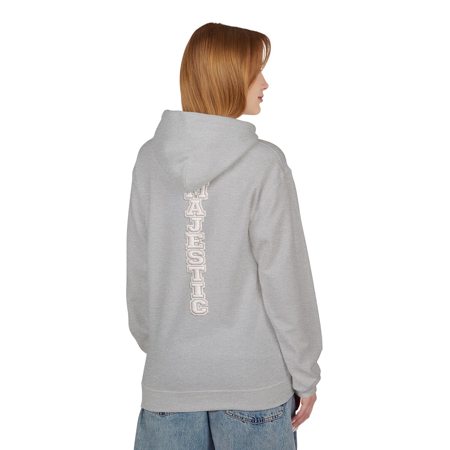 Majestic Vertical Text Hoodie — Minimal White Graphic Pullover Christian Hoodie Godly Hoodie Sports Hoodie Mighty Lifestyle Hoodie