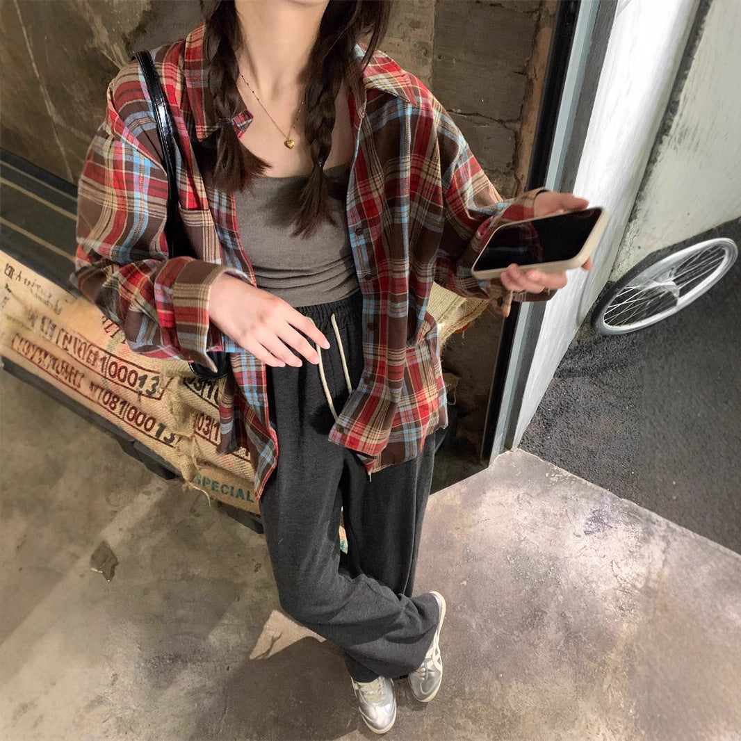 Women’s Retro Plaid Button Down Shirt – Color Block Loose Fit Blouse Top | Long Sleeve Casual Fall Layering Shirt | Mid-Length Oversized Flannel Style Sunscreen Cover-Up Retro Color Block Plaid Shirt Women Loose Fit Casual Sunscreen Blouse Top