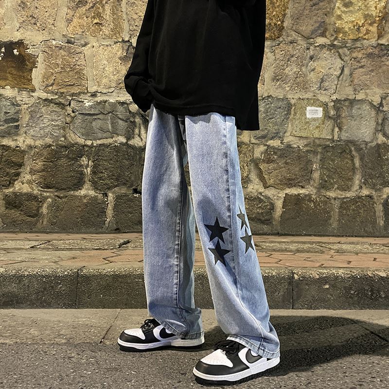 Star Smoke Gray Wide Leg Jeans  – Trendy High Street Vibe Pants, Loose Straight-Leg Streetwear Denim, Autumn & Winter FaAmerican high street Vibe pants Instagram trendy star smoke gray jeans men's and teens, loose straight leg wide leg pants
