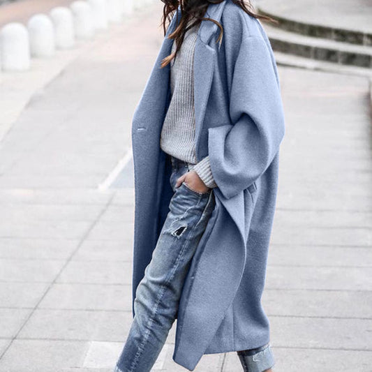 Autumn and winter women's casual long solid color warm woolen jacket