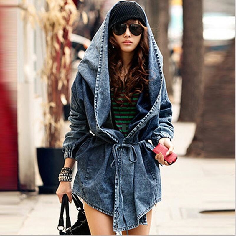 Oversized Denim Hoodie Jacket for Women – Streetwear Jean Trench Coat with Hood, Long Sleeve Casual Outerwear Windbreaker – Trendy Blue Fall Fashion Layer by Denim Jackets Oversized Hoodie Hooded Outerwear Jean Wind Jacket Fashion Design Denim Women Coat
