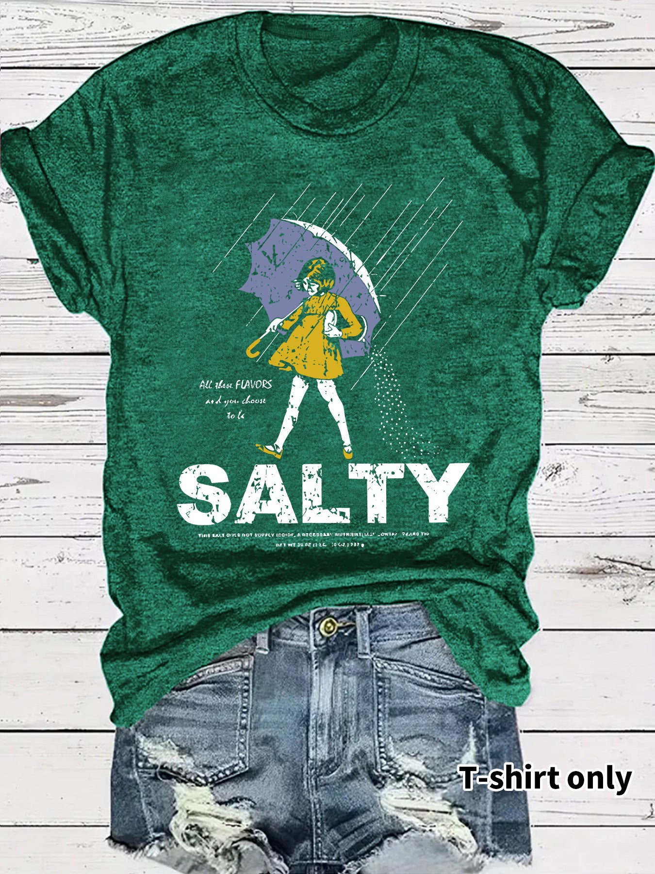 Salty Tshirt short sleeved salty emoji for girls holding umbrellas