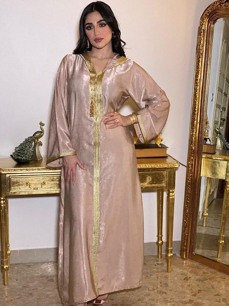 Moo Moo Dress Abaya Jalabiya Hooded Maxi  Dress Long Sleeve  Islam Muslim Women Robe Champagne White Green
