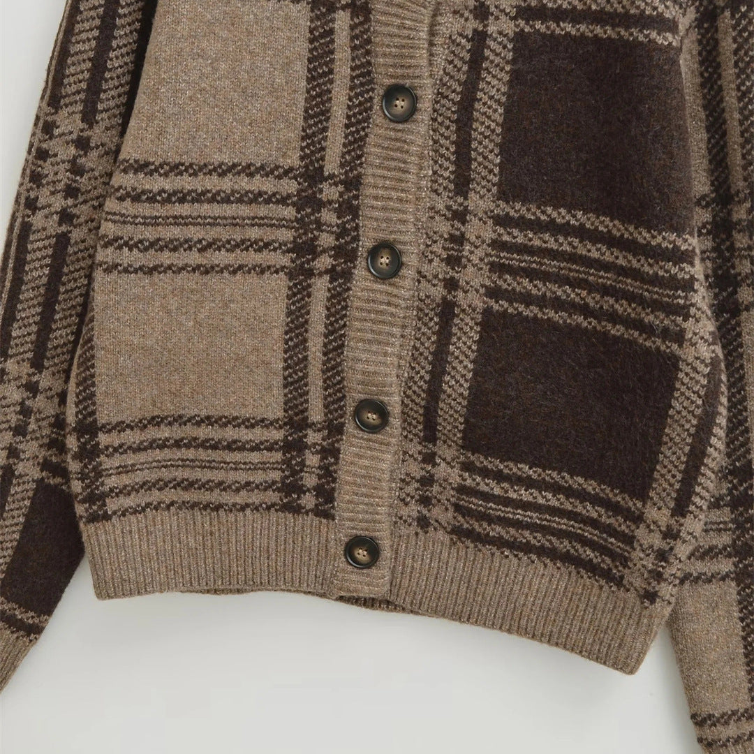 Style Retro Checkered Knit Cardigan Coat for Women, Round Neck, Single Button, Short Length, Thickened Sweater