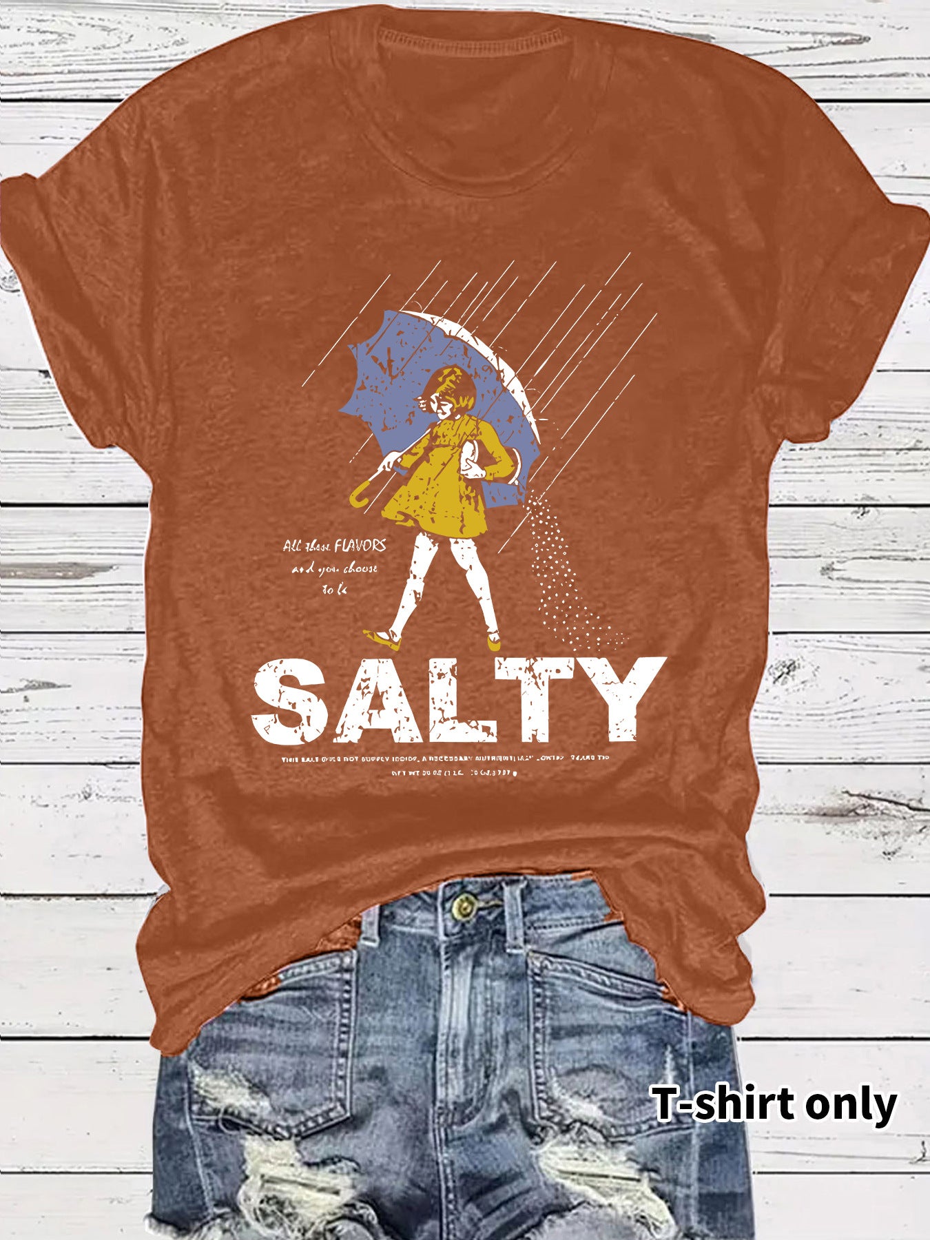 Salty Tshirt short sleeved salty emoji for girls holding umbrellas