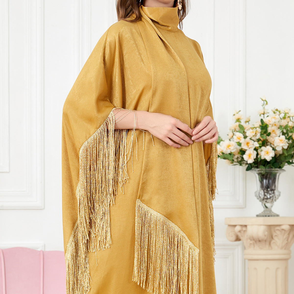 Luxury Tassel Batwing Sleeve Caftan Dress for Women – Oversized Turtleneck Moroccan Robe with Irregular Hem | TikTok Viral Moo Moo
Farasha Dress