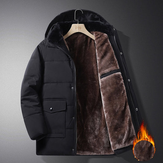 Curry Coat Men’s Winter Velvet-Lined Coat – Thick Warm Hooded Jacket with Cotton Filling, Windproof Mid-Lengmen's winter new style with added velvet and thickened warm cotton clothing, business and leisure mid length hooded plus size men's cotton clothing