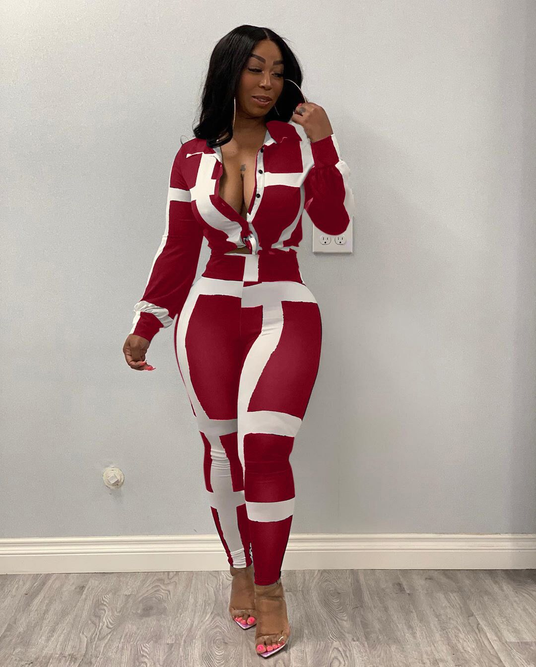 Mighty Lifestyle Set | Office Lady 2 Piece Suit Women Casual Full Sleeve Blouse Tops And High Waist Pant Set Fashion White Stripe Print Lounge Set