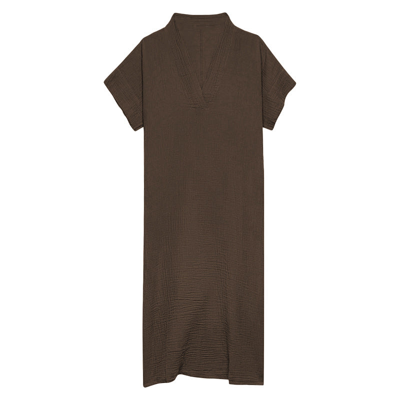 Women’s Pure Cotton Gauze Lounge Dress – Minimalist Loose Fit Moo Moo House Dress, Short Sleeve V-Neck A-Line Sleep Dress, Neutral Color Comfortable Style