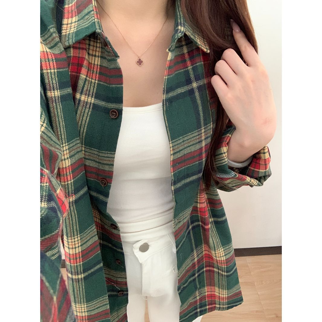Vintage Green Plaid Long Sleeve Shirt for Women – Brushed Soft Loose Fit Button-Up Top, Casual Fall Shacket Style Jacket – TikTok Viral Favorite Outfit
