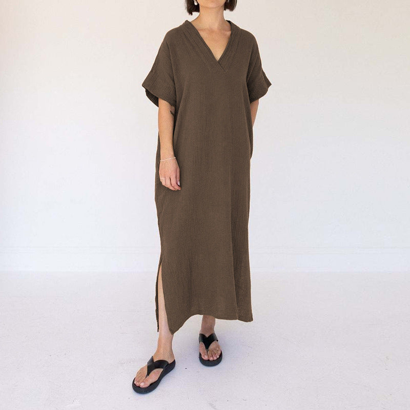 Women’s Pure Cotton Gauze Lounge Dress – Minimalist Loose Fit Moo Moo House Dress, Short Sleeve V-Neck A-Line Sleep Dress, Neutral Color Comfortable Style