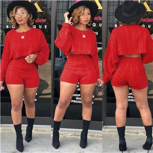 Trendy, Sexy Women Knitted Sweaters Two Piece Set O Neck Long Sleeve Loose Crop Top High Waist Shorts