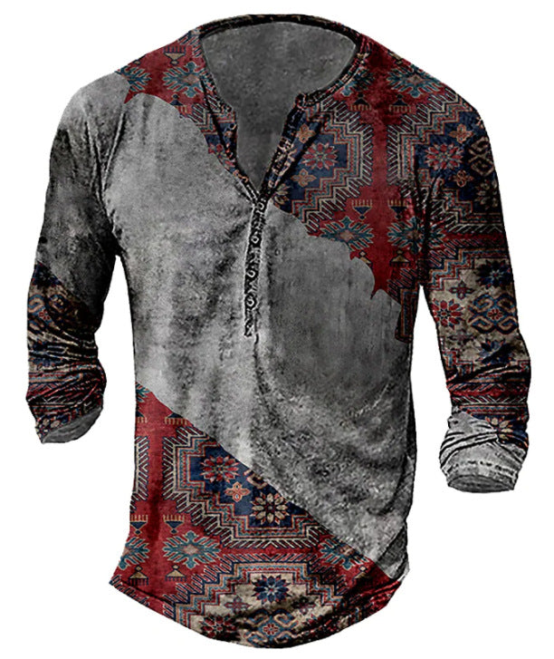 US Patriot, Various Blends, Trendy Pattern Henley Shirt Shirt Fashion New 3D Digital Printing Vintage Pattern Men's Long Sleeve T-Shirt Imitation Cotton