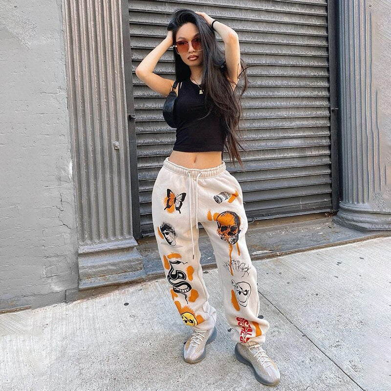 Trendy Sweat Pants Graphic Women Jogger Harajuku Cartoon Printed Trousers Jogger Drawstring Cargo Pant Streetwear Casual Sweatpant Autumn