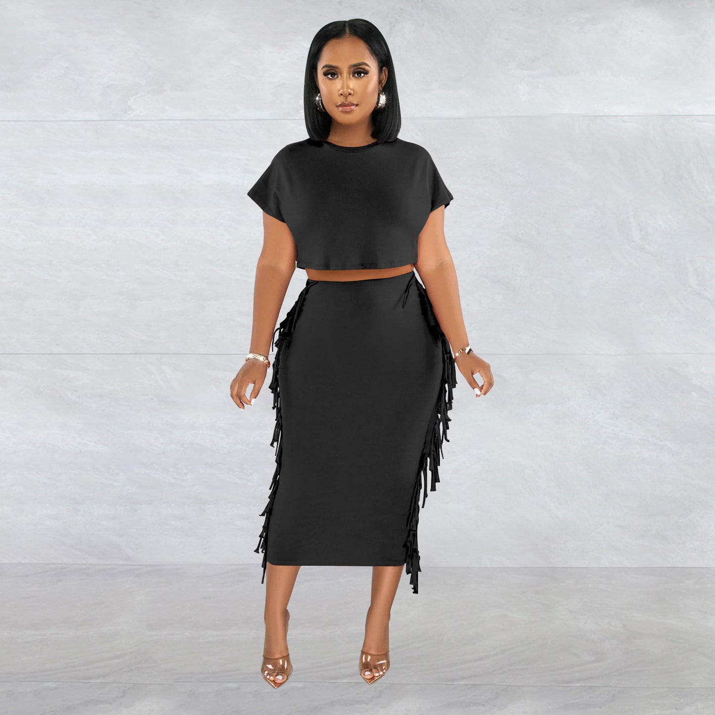 Wilhima Women’s Skirt Set FashionableStyle Solid Color Fringe Round Neck Short Sleeve Long Dress Two-Piece Set