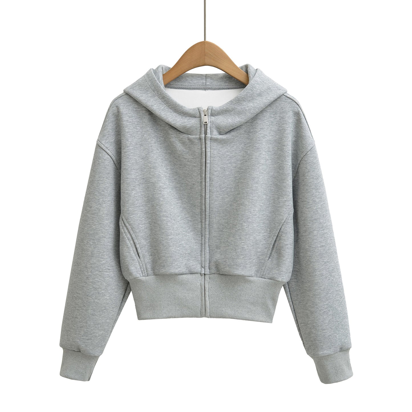Luxury Minimalist Hooded Zipper Short Hoodie Jacket – Chic Commute Patchwork Long Sleeve Pullover for Women | Solid Color Casual Streetwear