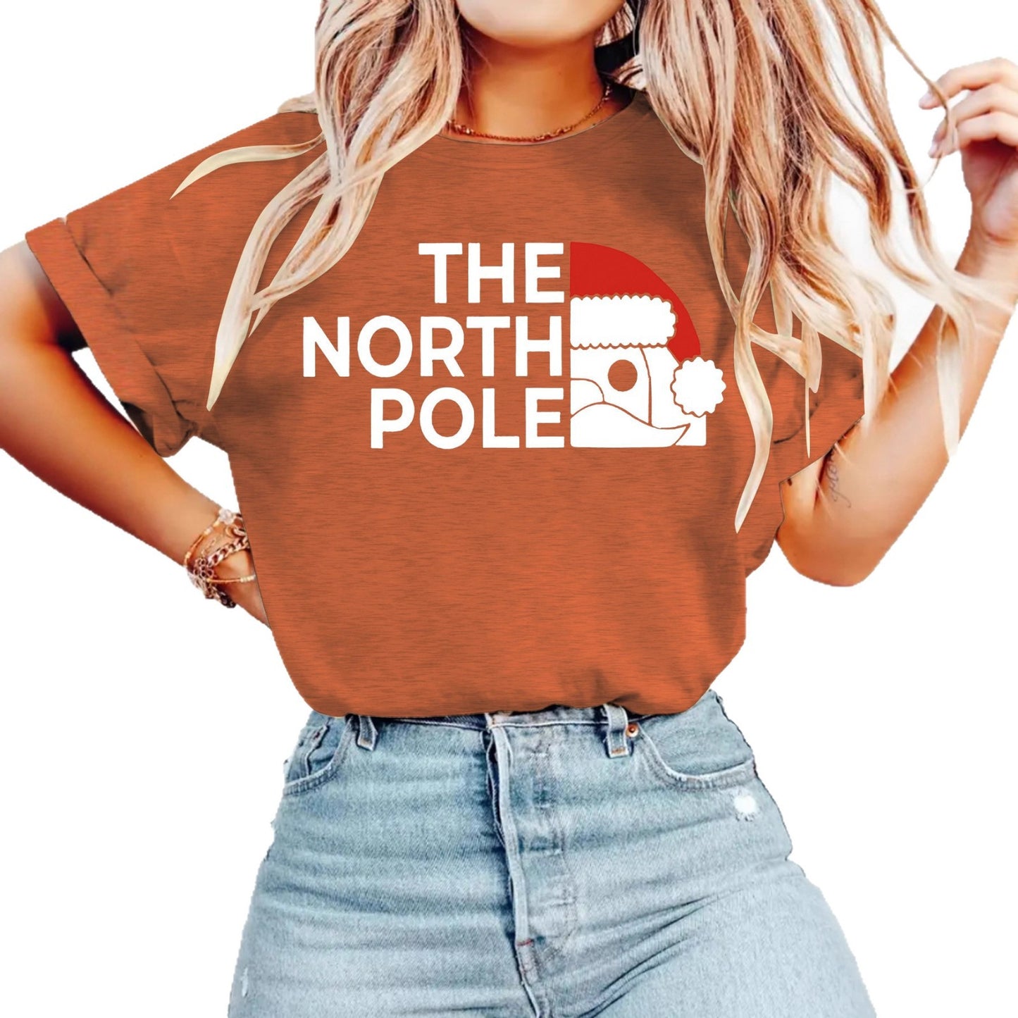 Short sleeved women's T-shirt with loose Santa Claus print Christmas Shirt North Pole