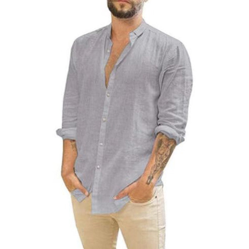 Mighty Lifestyle Collar Shirt | Men's Retro Standing Collar Cardigan New Casual Long Sleeved Cotton Linen Solid Color Shirt Men's Shirt Men's Shirt