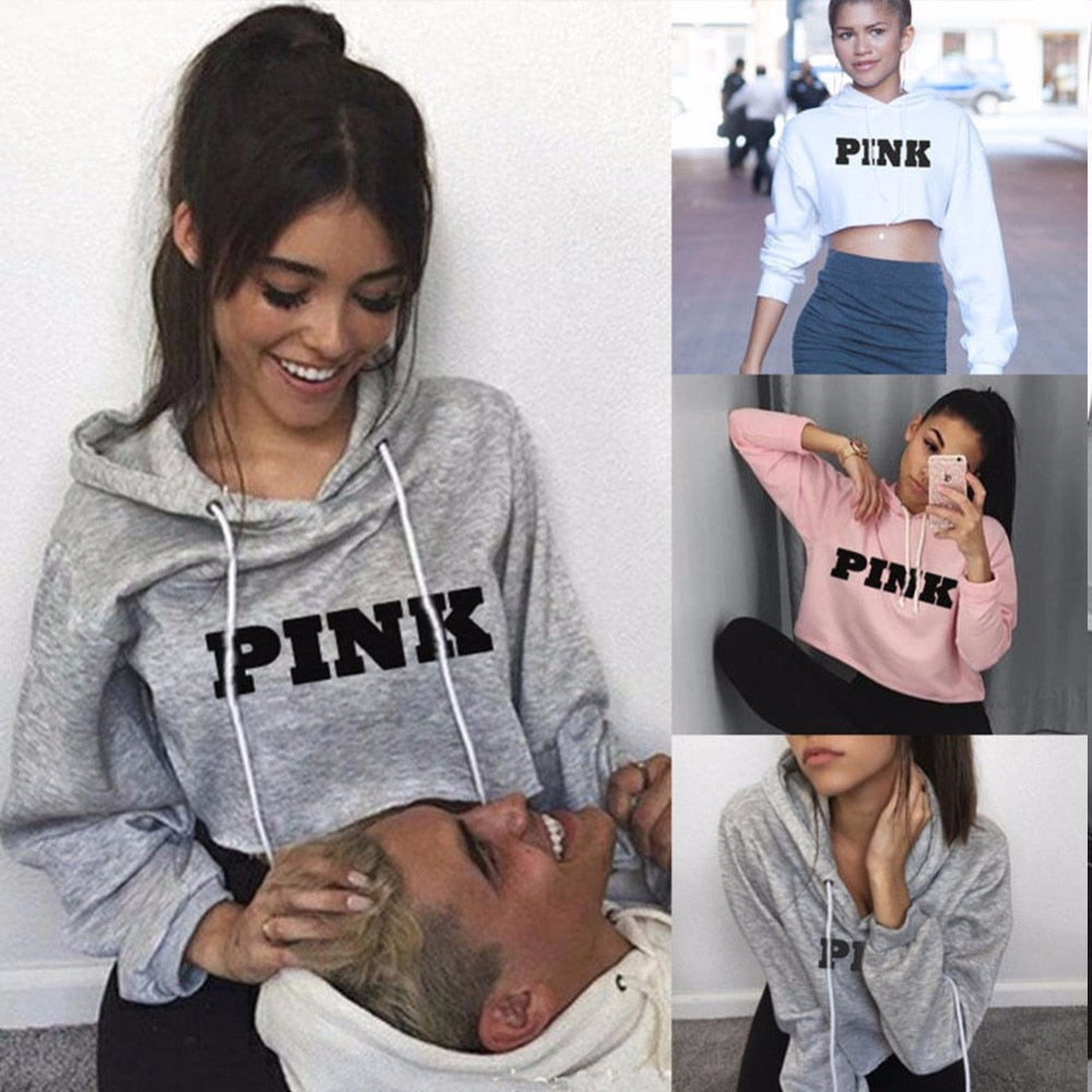 Pink Oversized Hoodies Jumper Sweatshirt Female Pink Cropped Top 2017 Winter Kawaii Harajuku Letter Loose Pullover