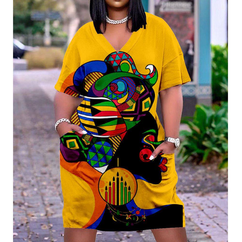 Trendy Graphic Afrocentric Dress 3D Printing Summer New Ethnic Style Loose Waist Urban Casual Loose Pullover Dress Black History Dress