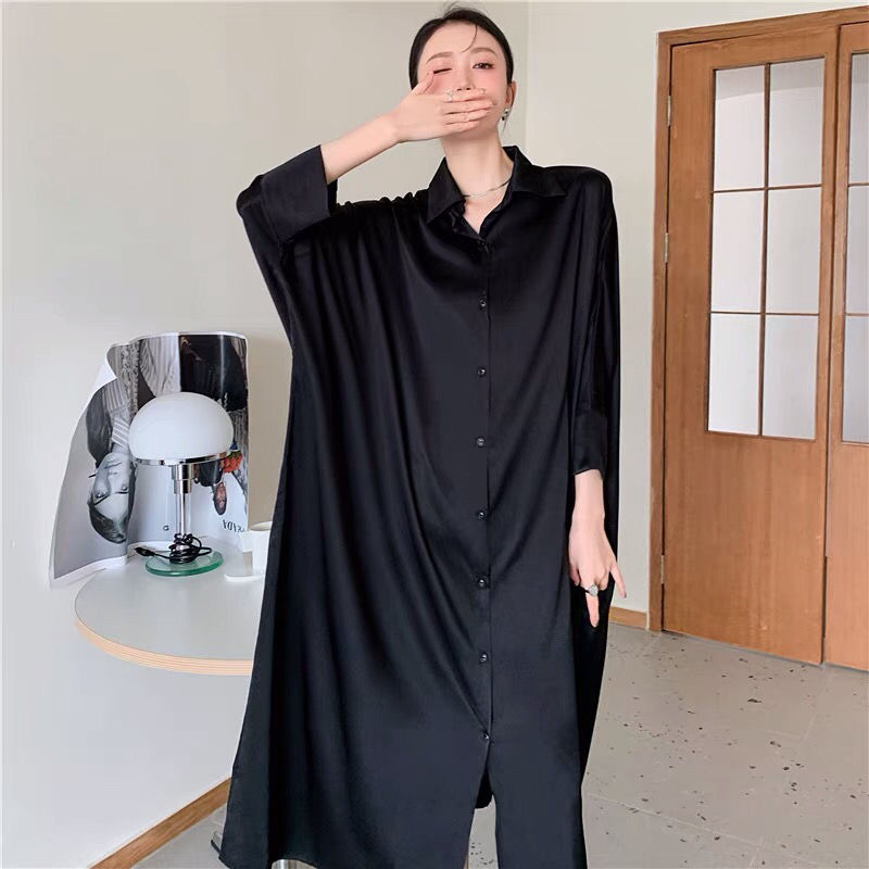 Spring New Black French High-End Niche Mid-Length Skirt Silk Shirt Loose Dress Women