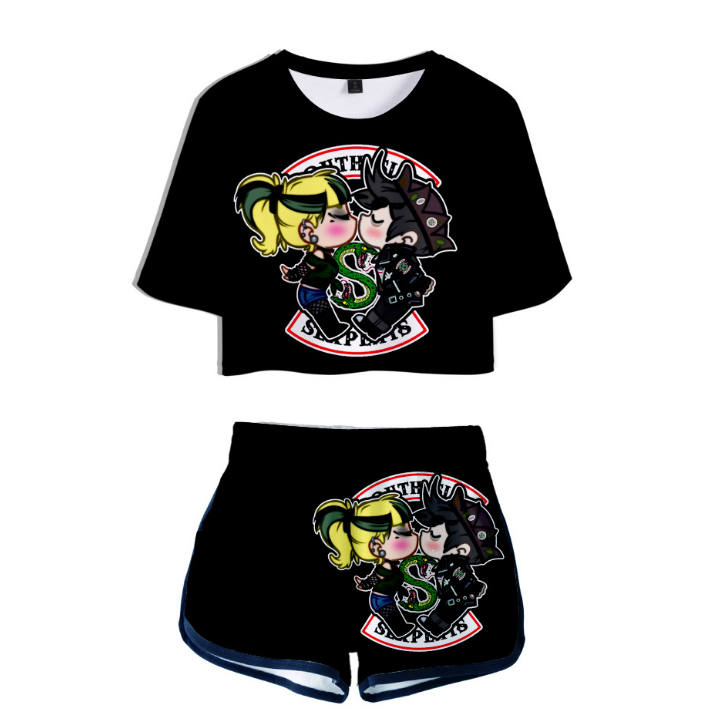 Mighty Lifestyle Pop Culture Graphic Two-Piece Outfit | BTS Riverdale Southside Serpents Crop Top & Shorts Tracksuit Set for Women