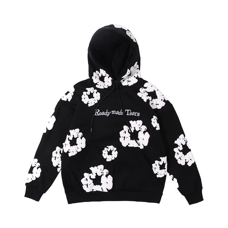 TikTok Viral High Street Floral Hoodie – Oversized Cotton Pullover with Foaming Flower Print & Embroidered Lettering | Unisex   Hoodie High Street Cotton Foaming Floral Flower Printed Letter Embroidered Casual Hoodie