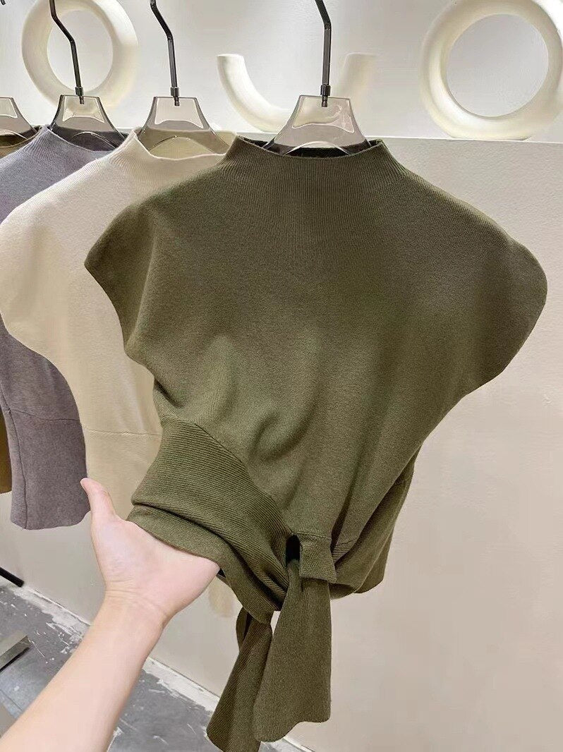 Neutrals Women T Shirt Stand Collar Sleeveless Knitted Tshirt Fashion Solid Bottoming Tee Shirt For Women Female Top Tshirts