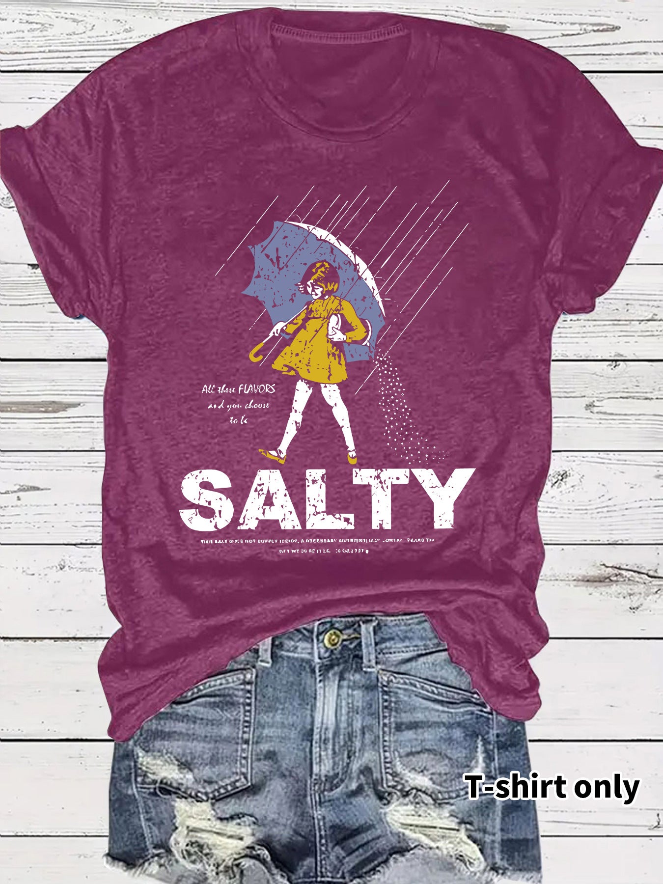 Salty Tshirt short sleeved salty emoji for girls holding umbrellas