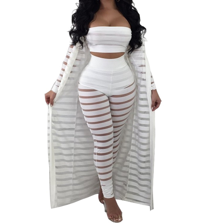 Summer Tracksuit Hollow Out Stripe Overalls Sexy Women's Set Three Pieces Suits Jumpsuit Casual Nightclub Wear BBW