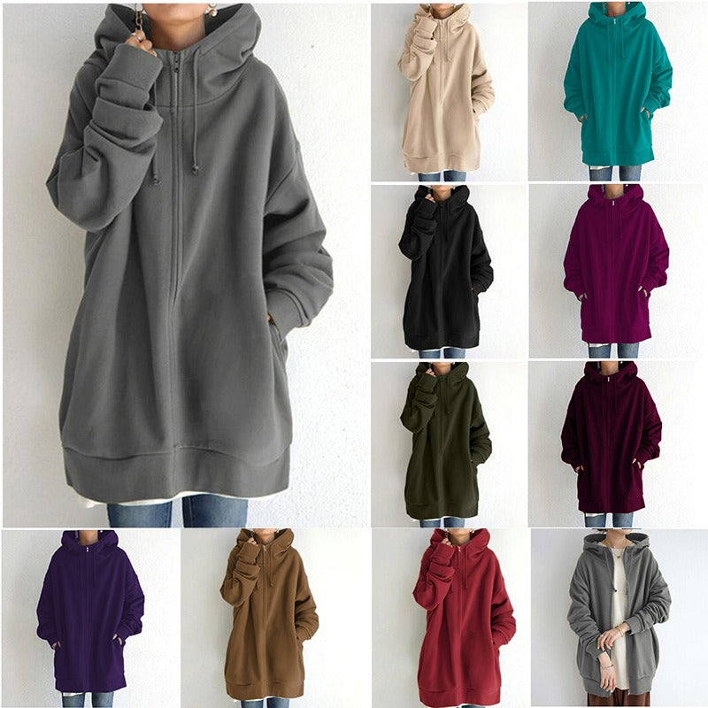 Street Style Plush Zip-Up Hoodie – Long Sleeve Solid Color Cardigan for Autumn & Winter, European and American Fashion Autumn and Winter New Personalized Street Sweater Zipper Hooded Long Plush Sweater