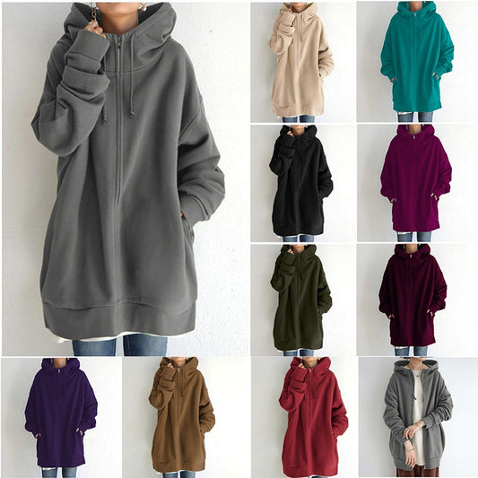 Street Style Plush Zip-Up Hoodie – Long Sleeve Solid Color Cardigan for Autumn & Winter, European and American Fashion Autumn and Winter New Personalized Street Sweater Zipper Hooded Long Plush Sweater
