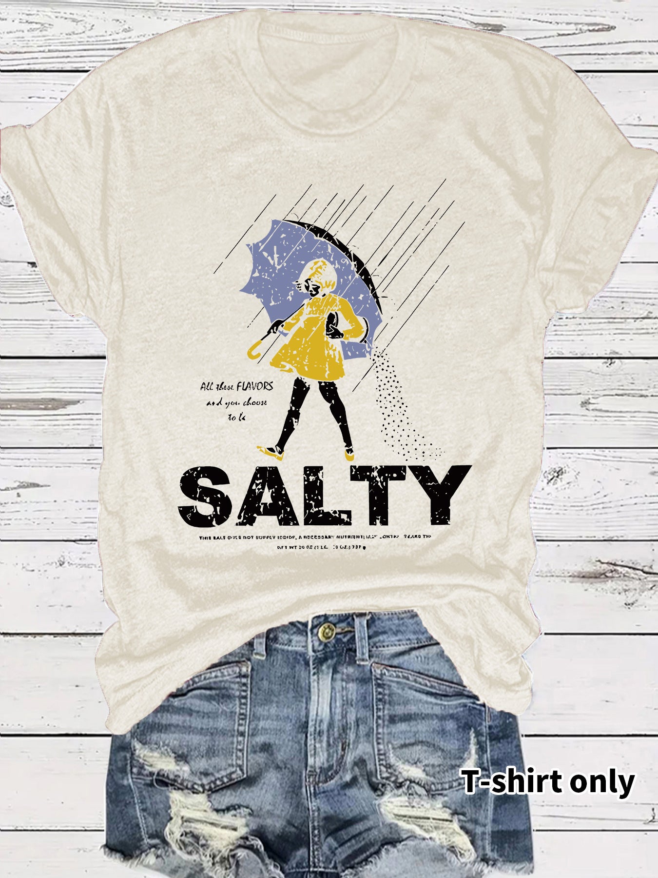 Salty Tshirt short sleeved salty emoji for girls holding umbrellas