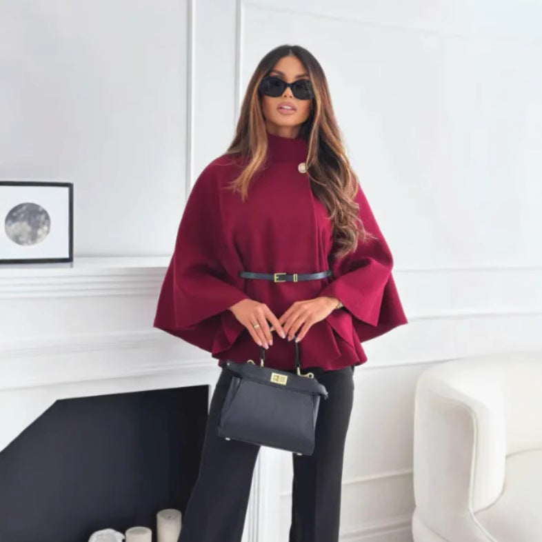 Fashionable Elegant Woolen Cape Coat for Women with Belted Waist, Solid Color, Winter Style