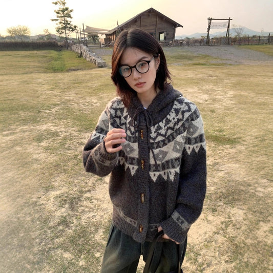 Single-breasted Horn Button Hooded Fair Isle Knit Sweater Men Autumn Winter Vintage Lazy Thick Warm Knit Coat